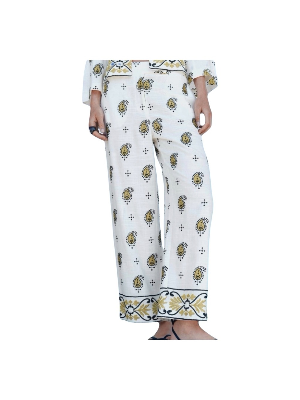 ZARA. White Yellow Embroidered Linen Blend Wide Leg Pants Side Pockets XL